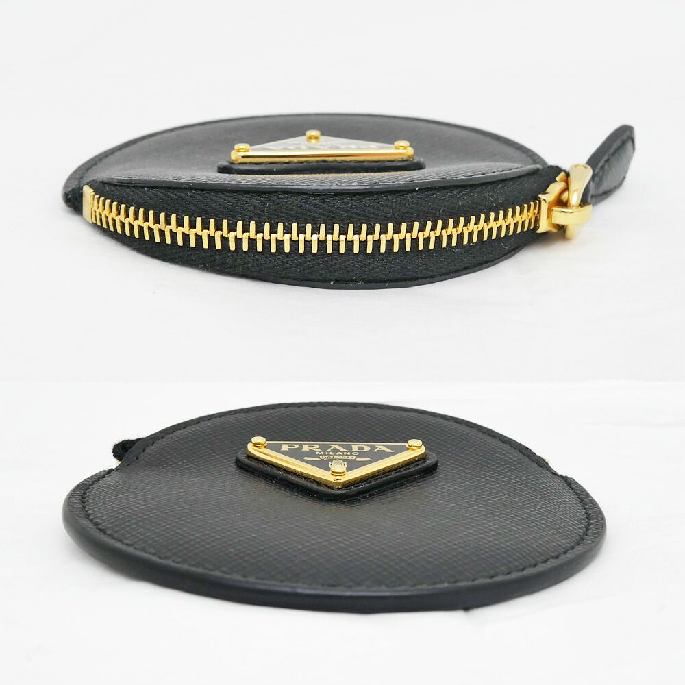 Prada Saffiano Triangle Coin Case Round Nero 006 Gold — view 4