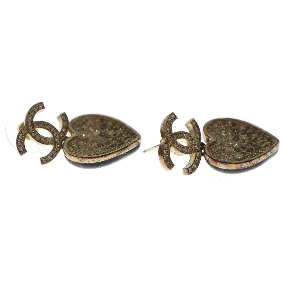 Chanel Rhinestone CC Logo Heart Earrings Set of 2 Black Gold — view 4