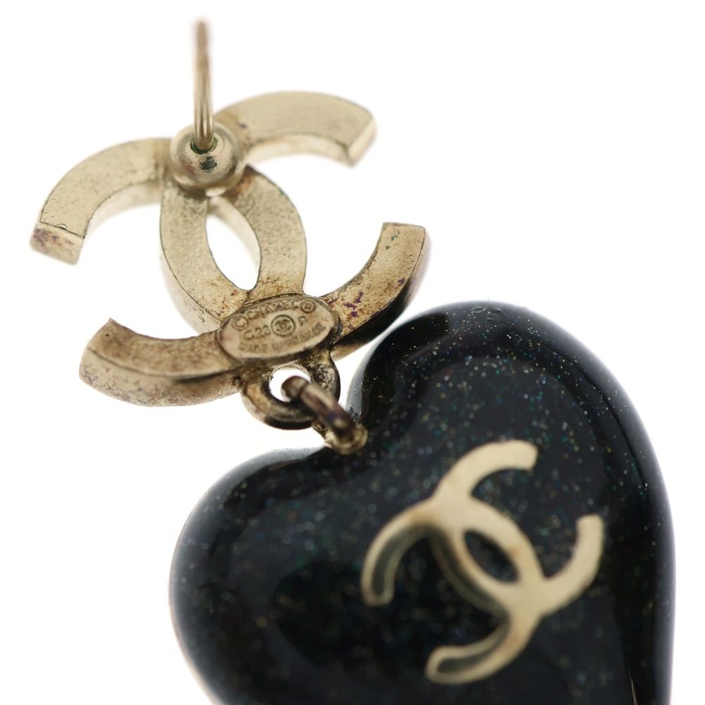 Chanel Rhinestone CC Logo Heart Earrings Set of 2 Black Gold — view 5