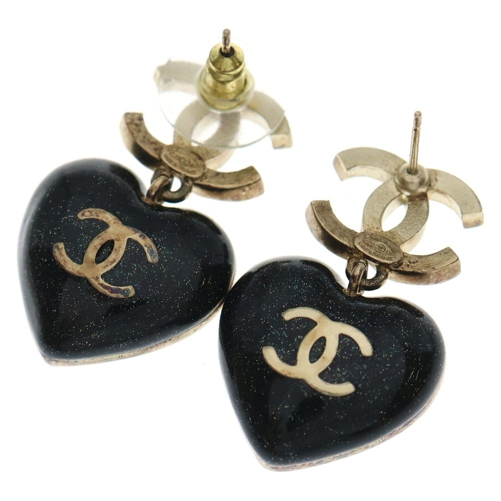 Chanel Rhinestone CC Logo Heart Earrings Set of 2 Black Gold — view 2