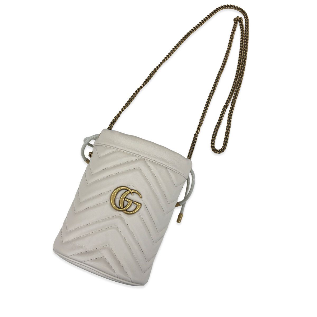 Gucci GG Marmont Bucket Bag Drawstring Crossbody Chain Double Heart White — view 4