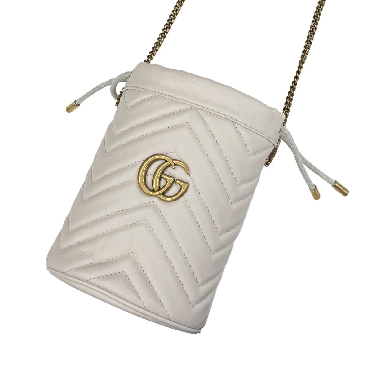 Gucci GG Marmont Bucket Bag Drawstring Crossbody Chain Double Heart White — view 2