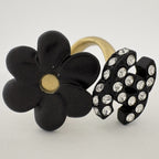Chanel CC Logo Rhinestone Ring Camellia Motif Gold Plated Black — view 2