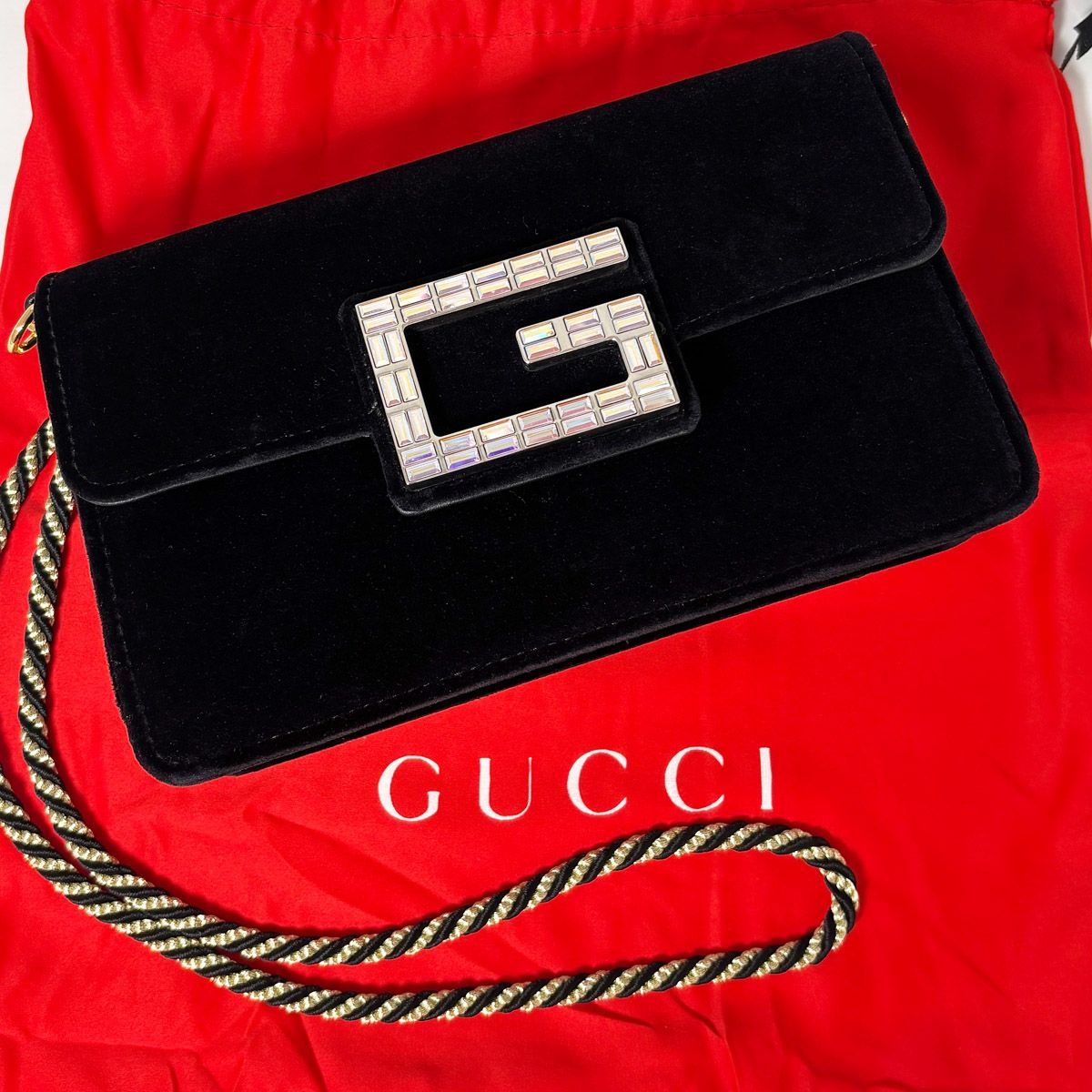 Gucci Shoulder Bag 2-Way Clutch Broadway Black Velvet Bag with Square — view 3