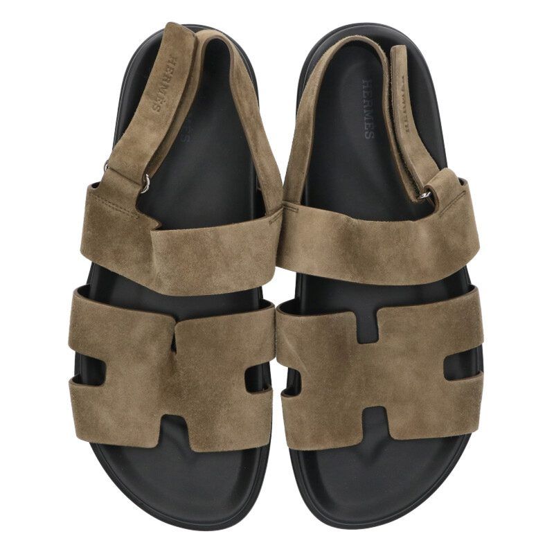 Hermes Genius Suede Leather Sandals 44 Black Khaki — view 4