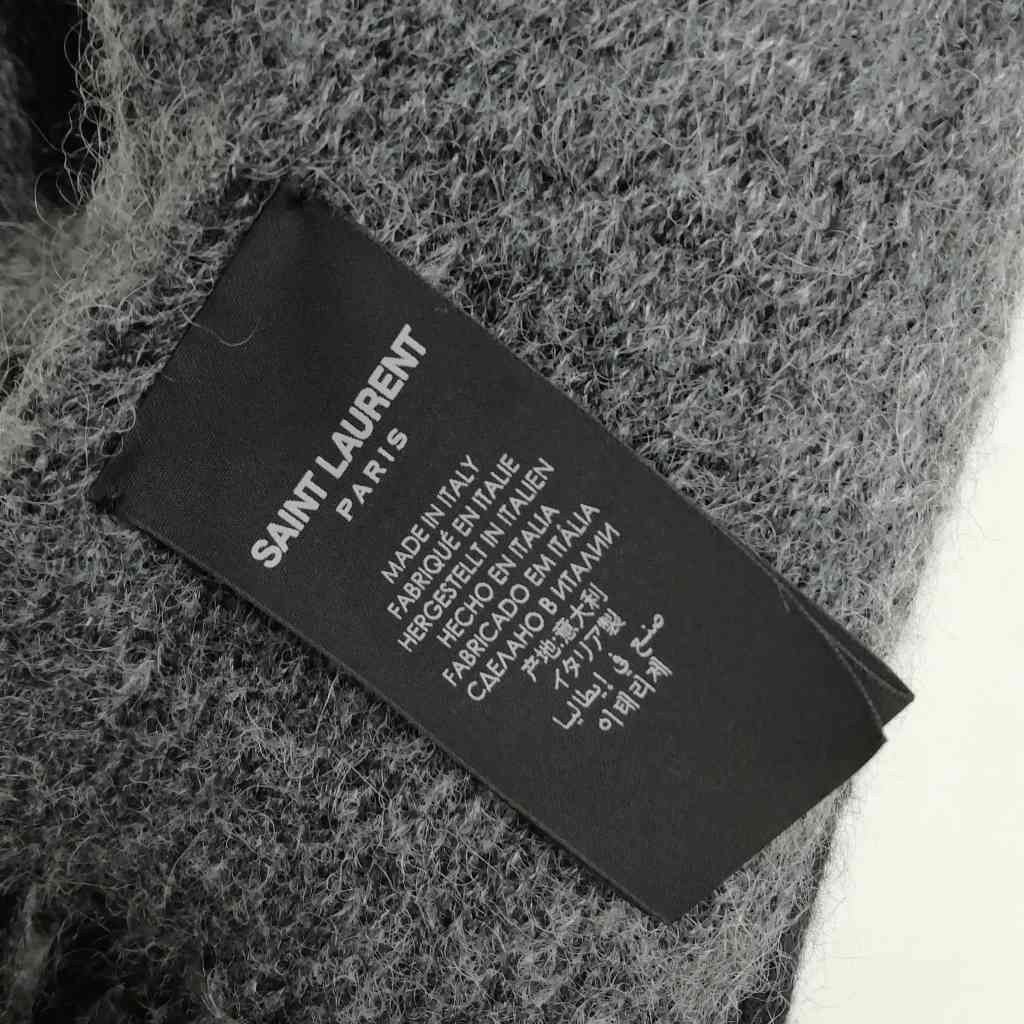 Saint Laurent Paris Logo Fringe Scarf Wool Mohair Alpaca Black Gray — view 7