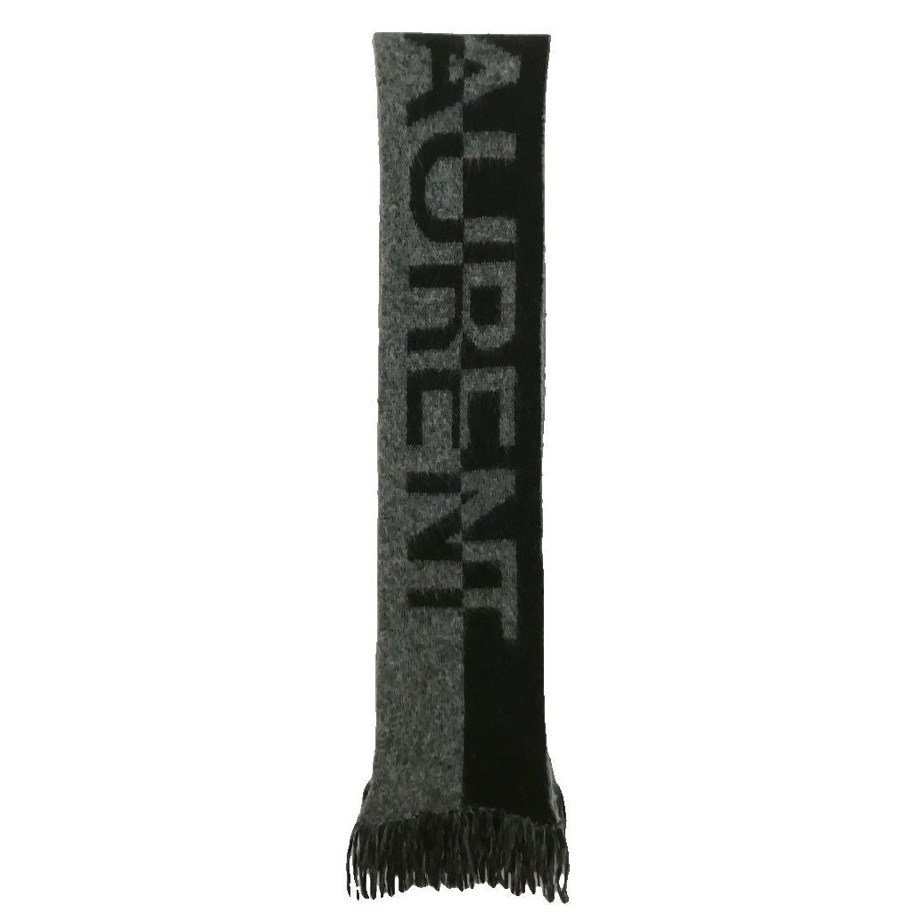 Saint Laurent Paris Logo Fringe Scarf Wool Mohair Alpaca Black Gray — view 4