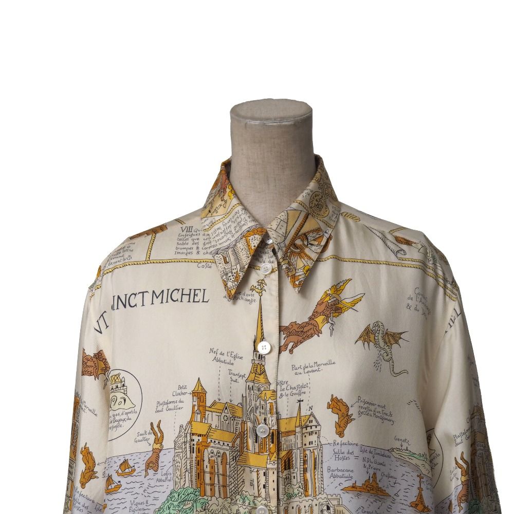 Hermes Vintage Mont Sainct Michel Blouse 40 Silk Twill Long Sleeve Scarf Cream Beige — view 3