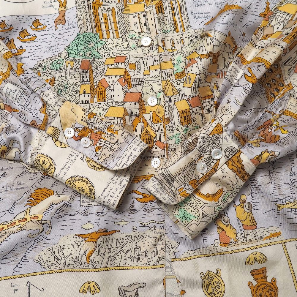 Hermes Vintage Mont Sainct Michel Blouse 40 Silk Twill Long Sleeve Scarf Cream Beige — view 4