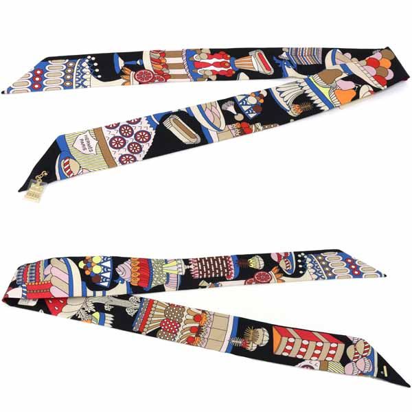 Hermes Twilly Charm la Patisserie Francaise Silk 02 Noir Black Blanc Blue — view 2
