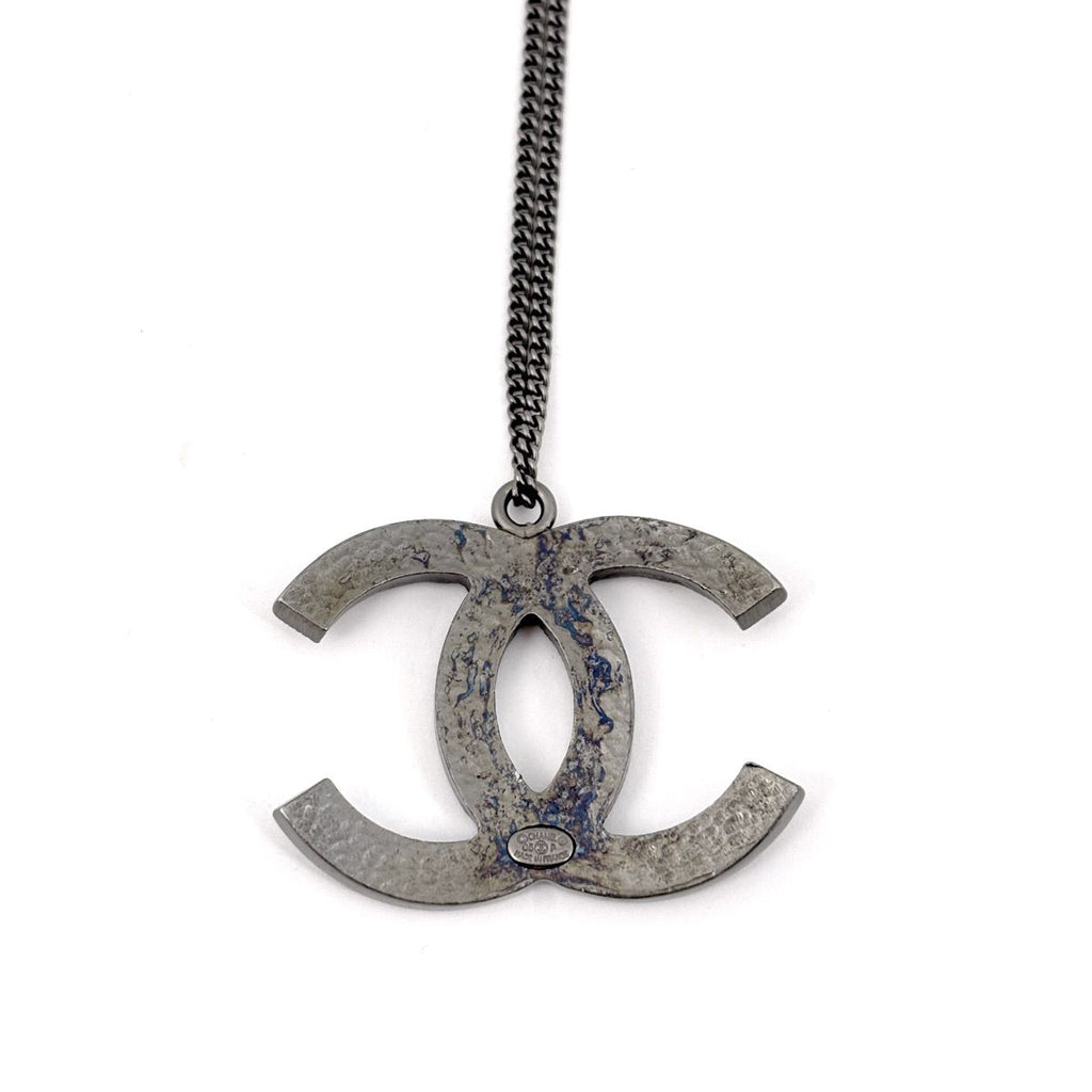 Chanel CC Logo Rhinestone Necklace Silver Plated — view 2