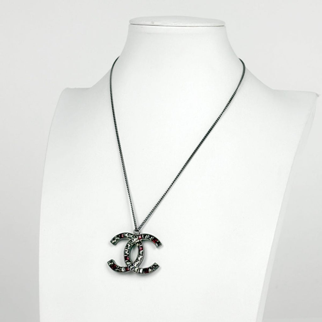 Chanel CC Logo Rhinestone Necklace Silver Plated — view 5