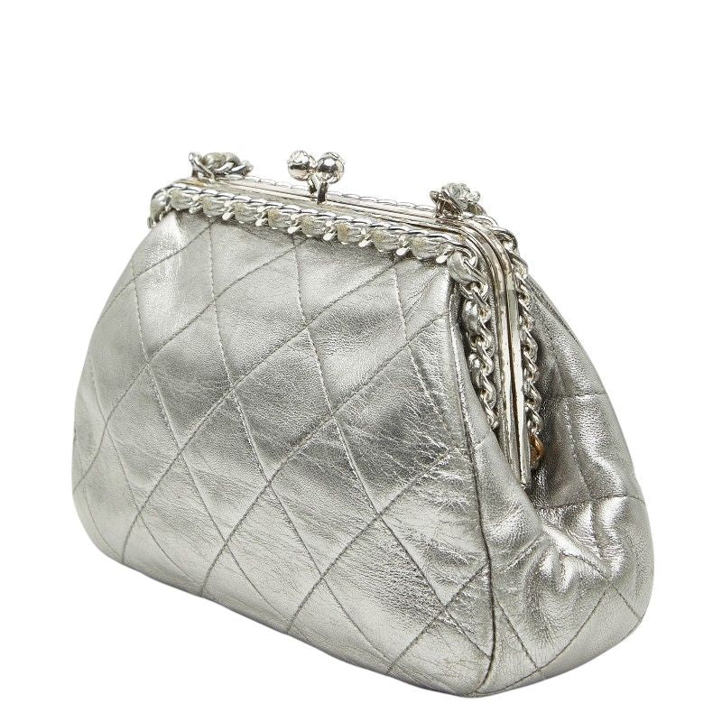 Chanel CC Logo Quilted Chain Shoulder Bag Silver Lambskin — view 2