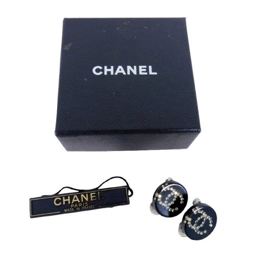 Chanel Earrings CC Logo Rhinestone Black — view 9