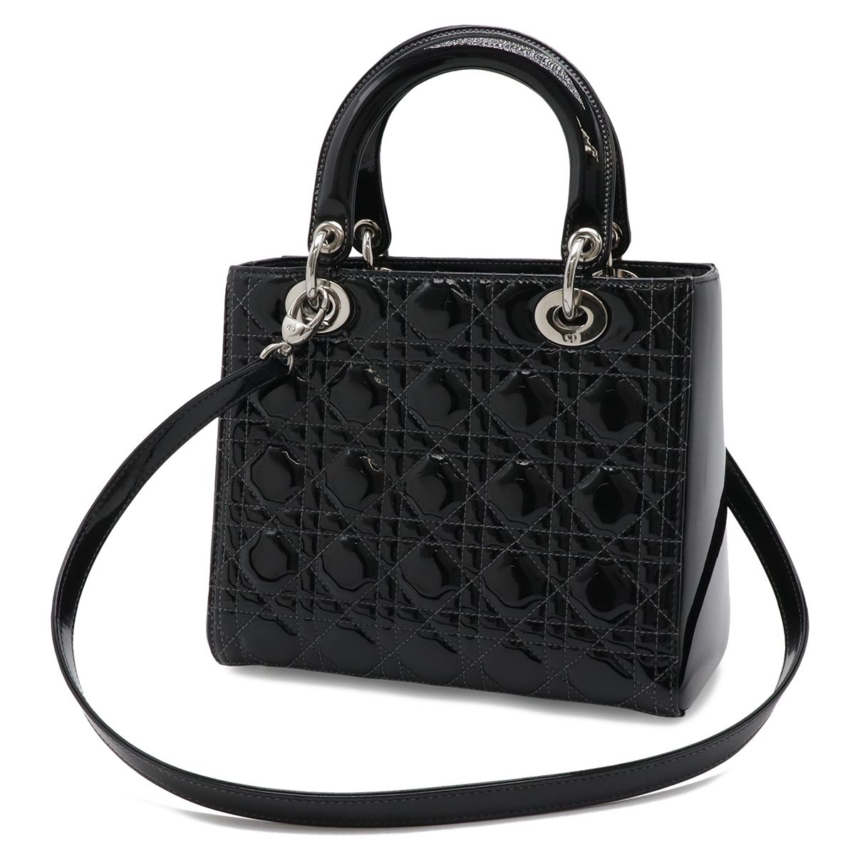 Dior Cannage Tote 2-Way Shoulder Bag Patent Leather Black Pink Gray — view 2
