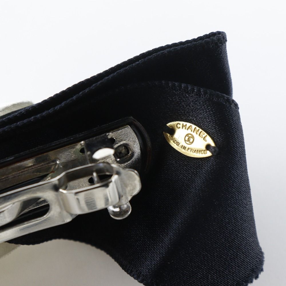 Chanel Camellia Ribbon Satin Black White Barrette — view 8