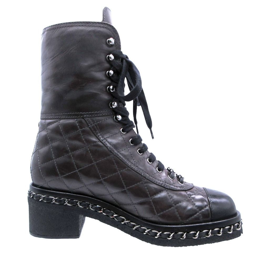 Chanel Boots Combat Lace Up Quilted Leather Chain Decoration Cap Toe 38 — view 2