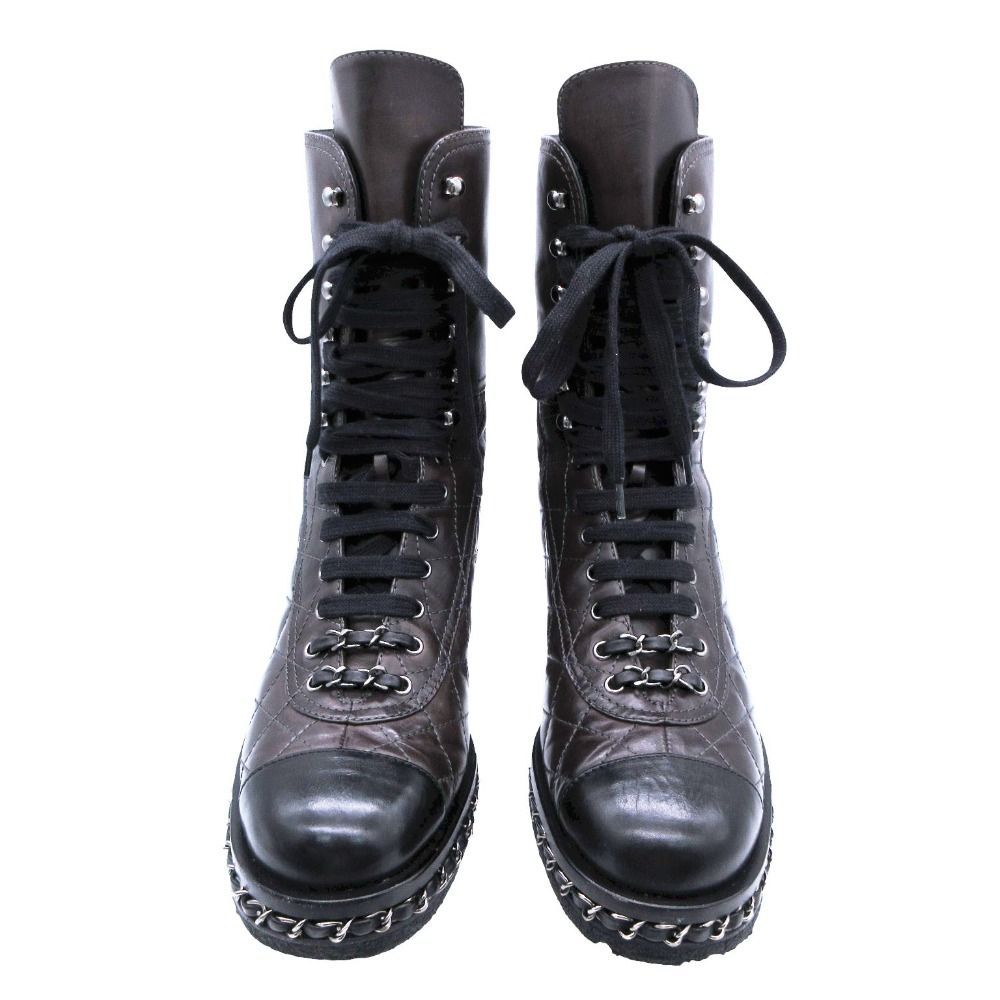 Chanel Boots Combat Lace Up Quilted Leather Chain Decoration Cap Toe 38 — view 3