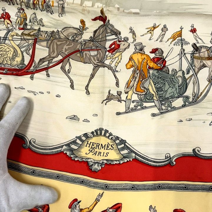 Hermes Carre 90 Joy on Ice Plaisirs du Froid Red Ivory Silk Scarf — view 4