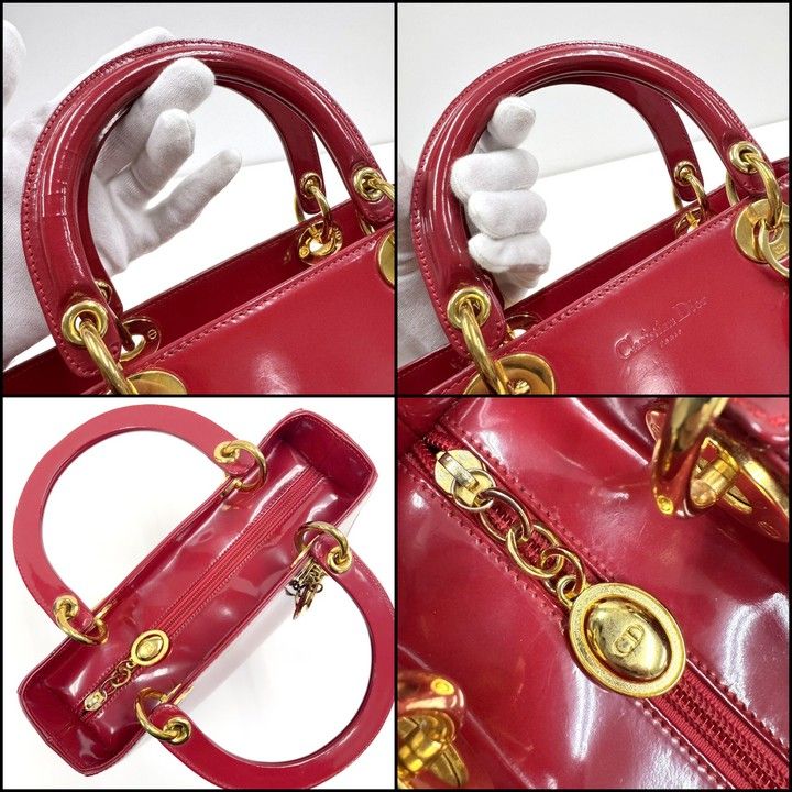 Dior Handbag Smooth Enamel Leather Red Gold — view 9