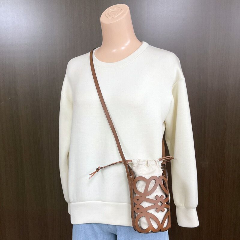 Loewe Anagram Cutout Pocket Shoulder Brown Leather Canvas — view 8