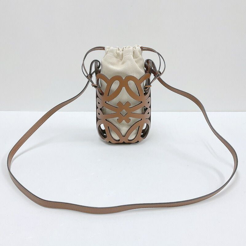 Loewe Anagram Cutout Pocket Shoulder Brown Leather Canvas — view 3
