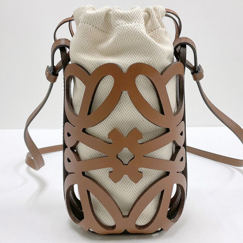 Loewe Anagram Cutout Pocket Shoulder Brown Leather Canvas — view 2