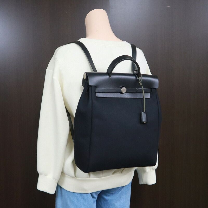 Hermes Herbag a Dos PM Black Silver Toile Officier Vache — view 8