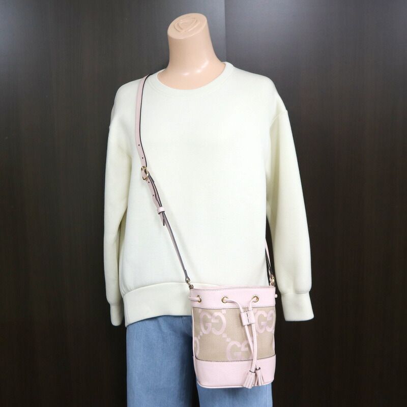 Gucci Jumbo GG Mini Bucket Shoulder Bag Beige Pink Canvas Leather X — view 7