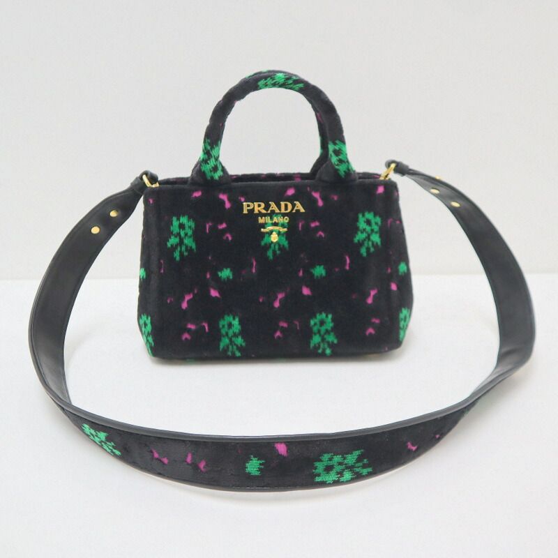Prada Canapa Mini Tote Black Pink Green Gold Velour Leather — view 2