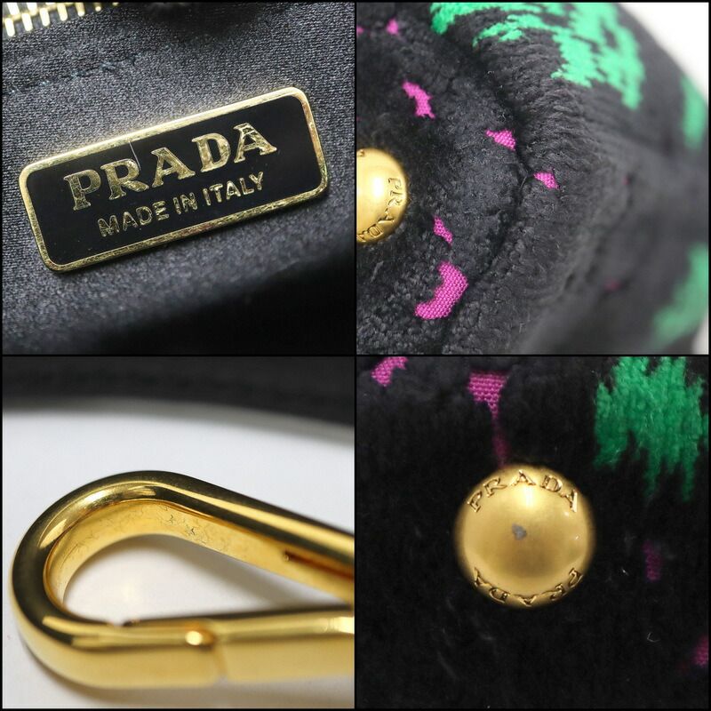 Prada Canapa Mini Tote Black Pink Green Gold Velour Leather — view 8