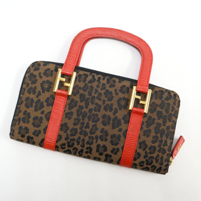 Fendi Handbag Leopard Print Canvas Leather Brown Red — view 2