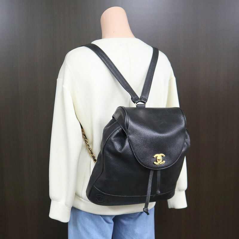 Chanel Backpack CC Logo Caviar Leather Black Gold — view 9