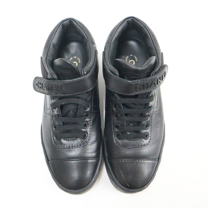 Chanel High Cut Sneakers Shoelace Type Leather Black 37 — view 2