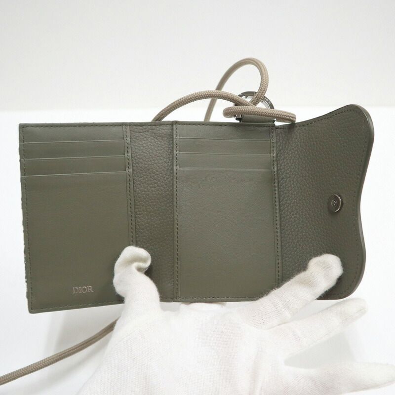 Dior Saddle Flap Card Case Bifold Wallet Canvas Leather Multi Green — view 6