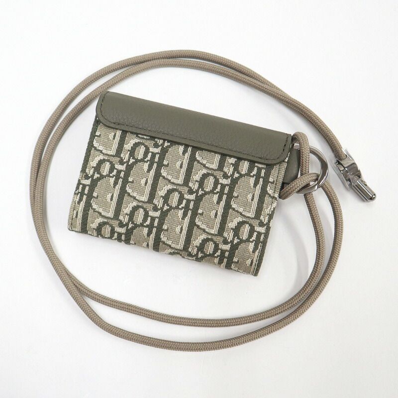 Dior Saddle Flap Card Case Bifold Wallet Canvas Leather Multi Green — view 3