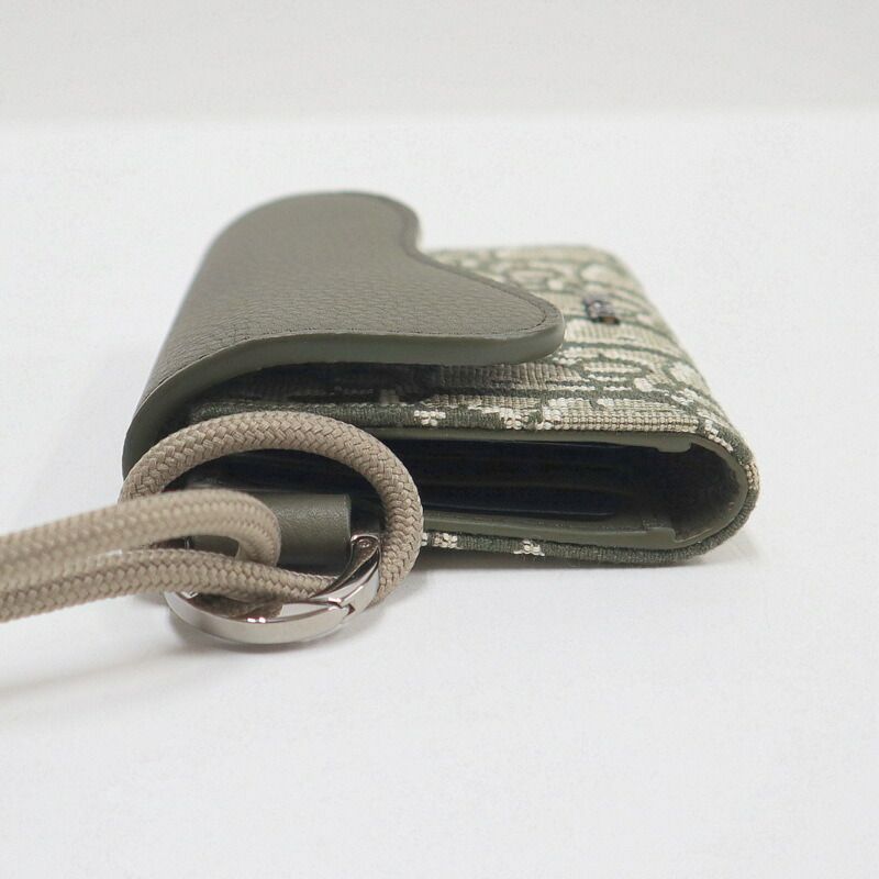 Dior Saddle Flap Card Case Bifold Wallet Canvas Leather Multi Green — view 5