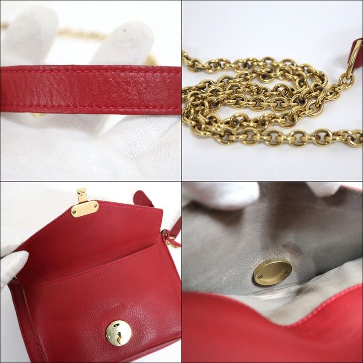 Celine Chain Shoulder Bag Leather Red Gold — view 8