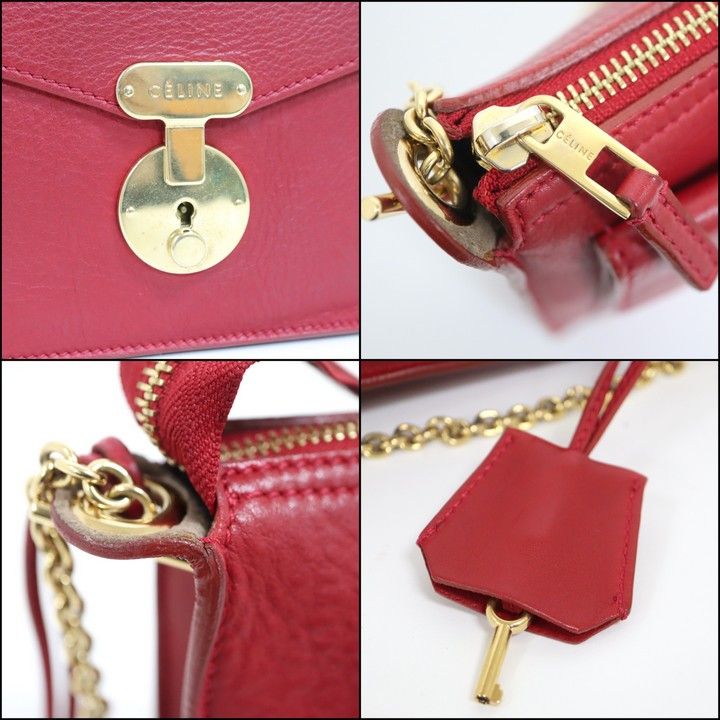 Celine Chain Shoulder Bag Leather Red Gold — view 4