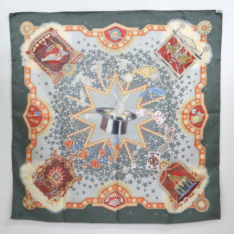 Hermes Carre 90 Magic la Magie Gray Orange Silk Scarf — view 2