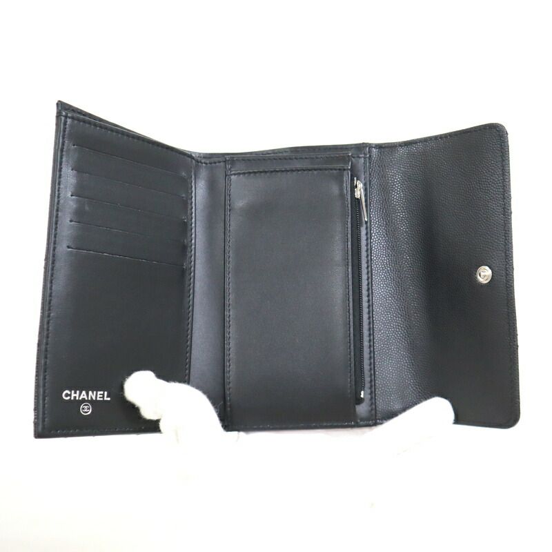 Chanel Trifold Wallet Quilted Black Silver Caviar Leather — view 6