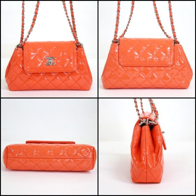 Chanel Quilted Enamel Chain Shoulder Orange Silver Patent — view 2