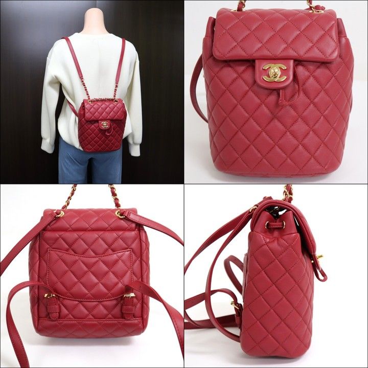 Chanel Chain Backpack Quilted Lambskin Red Gold — view 2