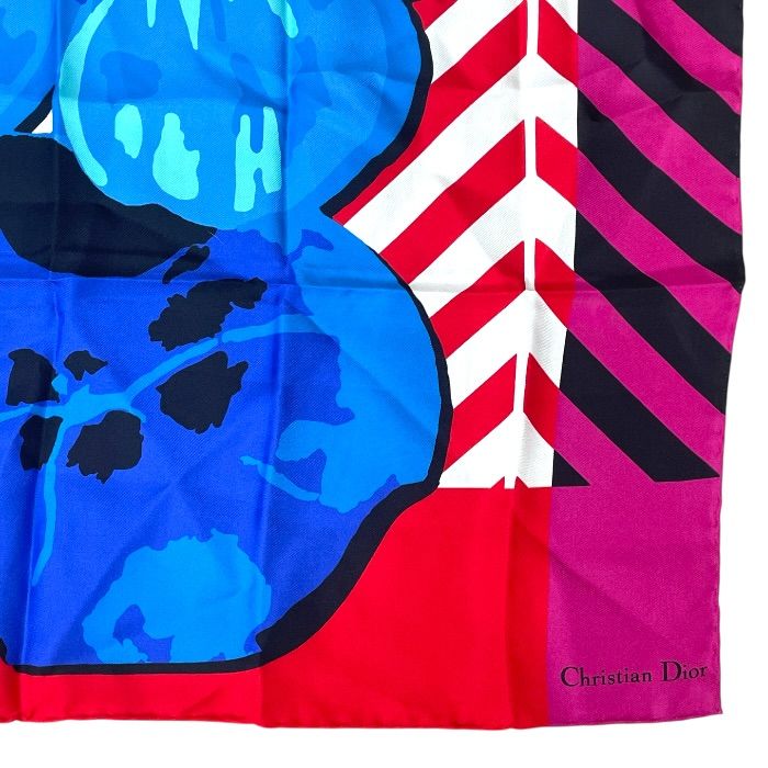 Dior D-flower Pop Scarf Shawl Floral Red Blue Silk — view 4