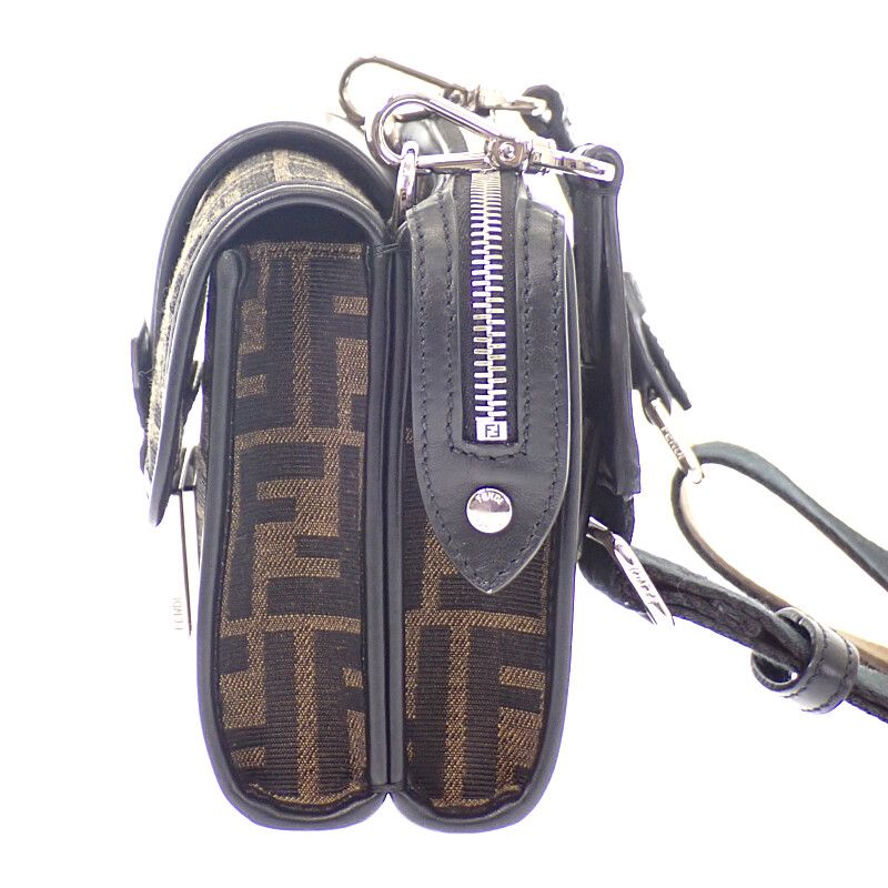 Fendi Baguette Double Shoulder Bag Leather FF Jacquard Brown Black — view 5