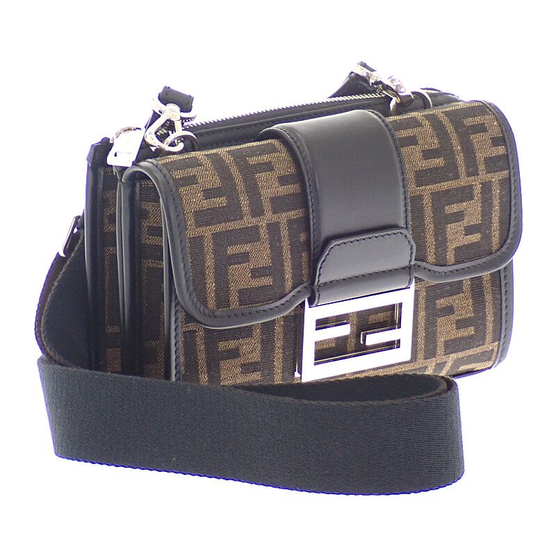 Fendi Baguette Double Shoulder Bag Leather FF Jacquard Brown Black — view 2