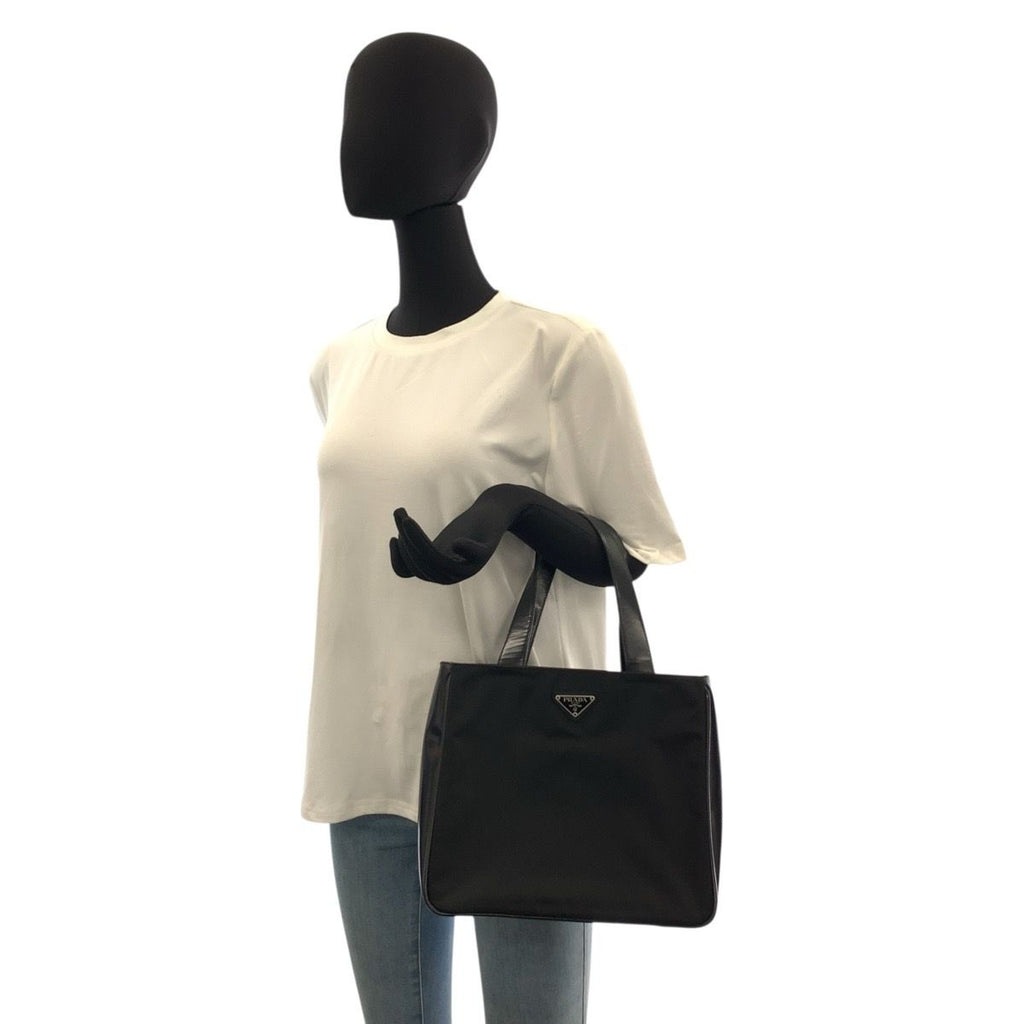 Prada Tessuto Black Silver Nylon Leather Handbag — view 6