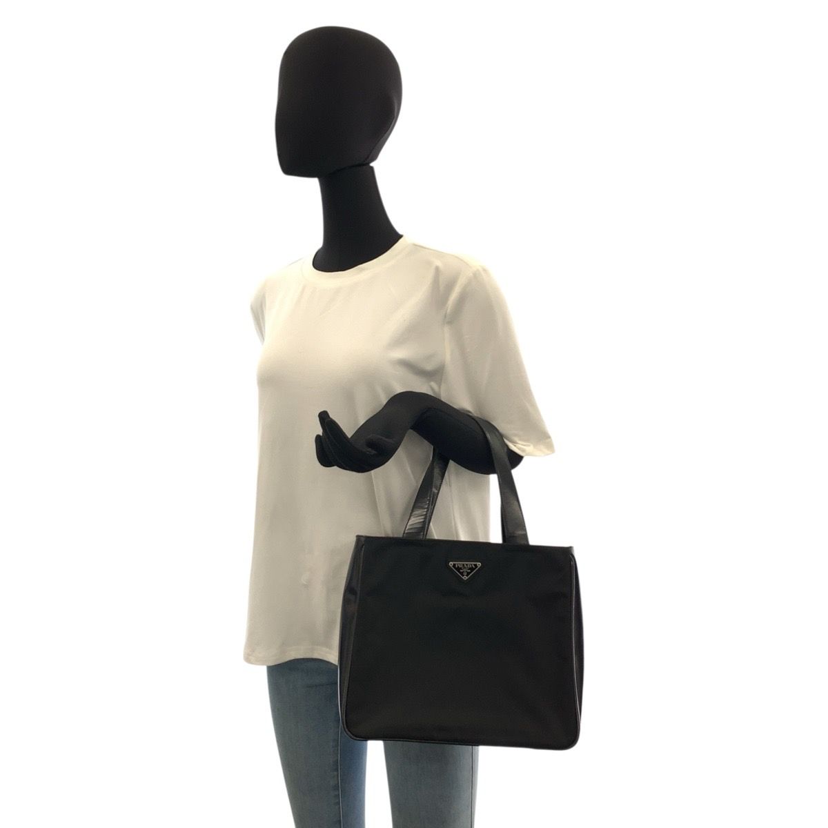 Prada Tessuto Black Silver Nylon Leather Handbag — view 6