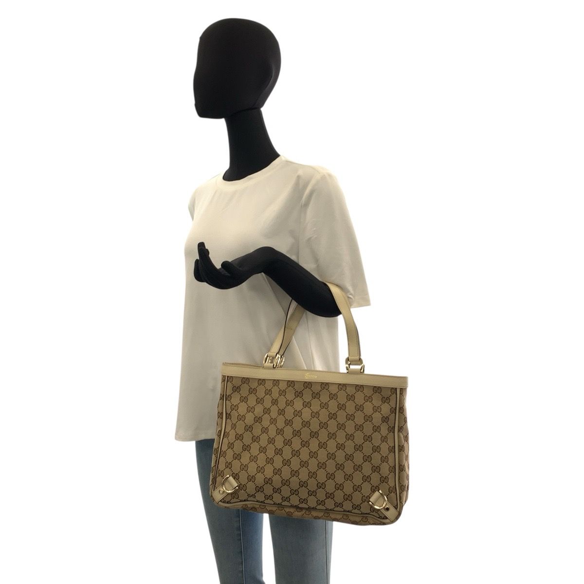Gucci Beige Gold GG Canvas Leather Tote — view 6