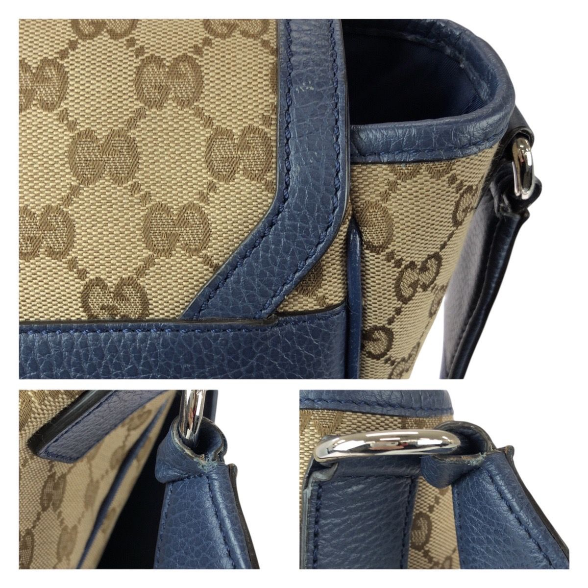 Gucci Beige Blue Silver GG Canvas Leather Shoulder Bag — view 5